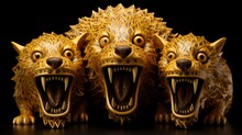 AI Generated Illustration Of Majestic Lions In A Row, Standing With Their Powerful Mouths Wide Open