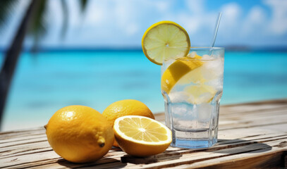 Poster - Cocktail with lemon and ice on wooden table with ocean on background. Refreshing summer drink concept