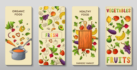 Wall Mural - Hand drawn organic food vertical banner template collection with fruits and vegetables
