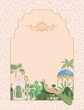 Mughal Invitation card vector illustration. Traditional Mughal garden arch, peacock, plant, illustration for invitation.