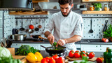 Fototapeta  - Ein Chefkoch bereitet Gemüse vor. Vegane Küche.