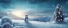 Merry Christmas And Happy New Year Greeting Card With Copy-space.Happy Snowman Standing In Winter Christmas Landscape V5