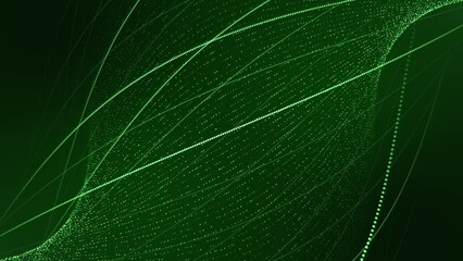 Wall Mural - seamless loop animation of abstract green wave of bright particles and curvy lines smoothly spinning