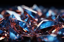  A Group Of Pink And Blue Diamonds Sitting On Top Of A Black Surface With A Reflection Of The Diamond In The Center Of The Image On The Picture Is A Black Background.