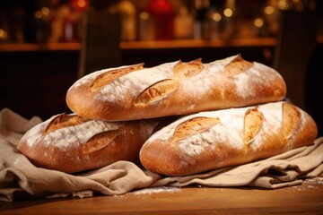 Wall Mural -  a pile of bread sitting on top of a wooden table next to a pile of bread on top of a piece of parchment paper on top of a wooden table.