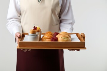 Wall Mural -  a person holding a tray with a variety of pastries and croissants on it, with a cup of coffee and a saucer in the foreground.