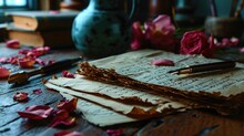 Handwritten Love Letters: An Image Of Handwritten Love Letters And Cards On A Table Surrounded By Rose Petals And A Pen