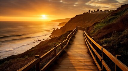 Poster - Empty wooden walkway on the ocean coast in the sunset time, pathway to beach
