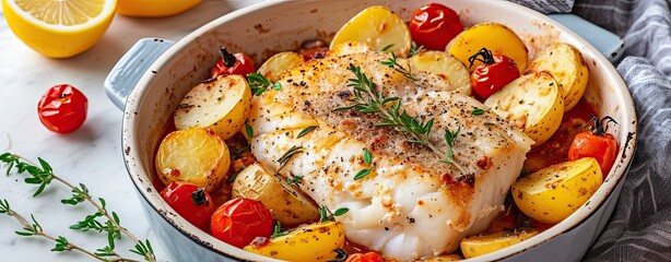Wall Mural - Baked cod fish with potatoes and cherry tomatoes on marble table.