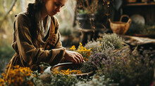 A Woman Collects Medicinal Herbs. Nature