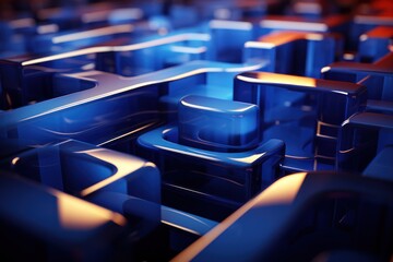  a close up of a bunch of chairs with blue and orange chairs in the middle of the room and one chair in the middle of the room and the back of the chairs in the room.