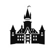 Building simple flat black and white icon logo, reminiscent of Neuschwanstein Castle, Historic Travel Design Vector B&W.