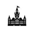 Building simple flat black and white icon logo, reminiscent of Neuschwanstein Castle, Travel Tourism Logo Icon B&W.