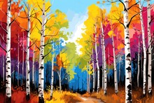  A Painting Of A Colorful Forest With A Dirt Road In The Foreground And Lots Of Trees On Either Side Of The Road, With A Blue Sky In The Background.