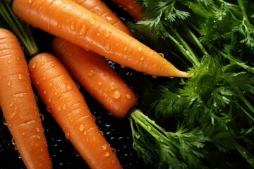  a group of carrots sitting on top of a pile of green leafy vegetables with drops of water on the tops of the tops of the tops of the carrots.