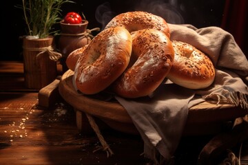Wall Mural -  a pile of bagels sitting on top of a wooden table next to a pot with a sprig of green grass on top of it and a cloth.
