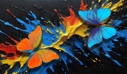 Wall Mural - orange and blue tropical morpho butterfly on a splash of bright colorful colors on black.
