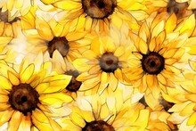  A Bunch Of Yellow Sunflowers That Are On A White Tablecloth With A Black And Brown Design On The Bottom Of The Picture And Bottom Half Of The Sunflowers.