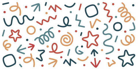 Color isolated illustration. Hand drawn colorful lines flat icons set. Various textures and shapes.