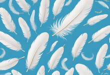 3d Wallpaper Feather Abstract Freedom Concept. Group Of Light Fluffy A White Feathers Floating In A Blue Sky.
