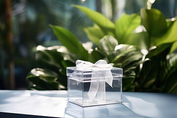  a clear box with a white bow sits on a table in front of a potted plant and a large green leafy area in the back of the picture.