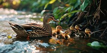 A Mother Duck With Her Baby Ducks Floating On The Water