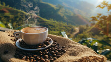 Hot Coffee Cup With Organic Coffee Beans On The Wooden Table And The Plantations Background With