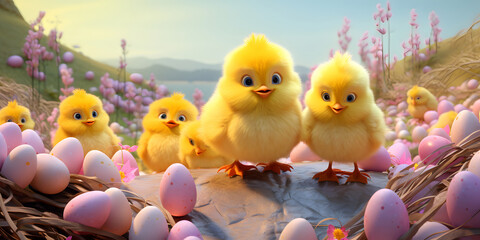 Wall Mural - Colorful Easter chicks in a wonderful fairy land