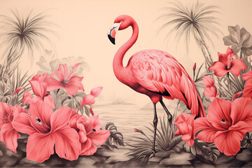 Wall Mural - Vintage wallpaper with pink flamingos among tropical plants, landscape on a light brown background