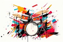  A Picture Of A Drum Set With Paint Splatters And Splashes On A White Background With A Black, Red, Orange, Yellow, And Blue Drum Set.
