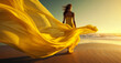a woman in a yellow dress on the beach at sunset with a flowing yellow fabric over her body and head, generative ai
