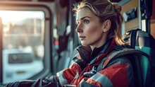 Emergency Concept. Female EMS Professional Paramedic In Ambulance Vehicle On The Way To Hospital. Emergency Medical Care Assistant Works In An Ambulance.