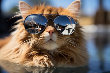 Sticker -  a close up of a cat wearing sunglasses with people reflected in the reflection of the cat's sunglasses on it's head and behind it's head.