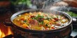 Dutch Split Pea Soup Snert with Smoked Sausage: A rustic kitchen scene featuring a steaming pot of hearty soup - Cozy Comfort and Savoriness - Soft, warm lighting capturing