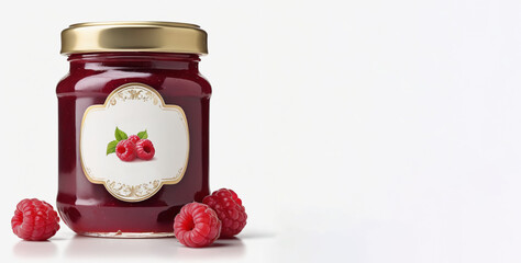 Wall Mural - raspberry jam in a jar on a white background , raspberry berries are lying next to it