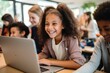 © Iftikhar alam - Portrait of smiling african american girl using laptop in classroom, Enthusiastic kids of different nationality working on technology project at school, AI Generated