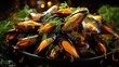  a close up of a plate of mussels with garnishes on top of a bed of green leafy greens on a dark surface with lights in the background.