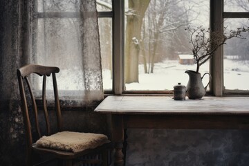 Sticker - Vintage table and chair in front of the window in winter, Empty table and winter window in background, AI Generated