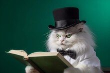 White Fluffy Cat In Black Hat Reading A Book On Green Background