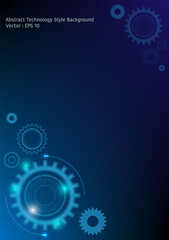 Abstract technology style background, two sets of gears at each corner, with glowing lights, dark blue color tone