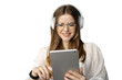 © muse studio - A freelancer woman listens to a podcast, radio, music with headphones, uses a subscription application and is happy. Transparent background.