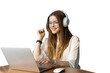 © muse studio - A female freelance marketer with headphones online work uses a laptop computer, sits at a desk in the office. Transparent background.
