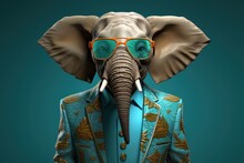  A Picture Of An Elephant Wearing A Blue Suit With Gold Trimmings And A Pair Of Sunglasses On Its Head, With A Teal Background Of Teal Blue.
