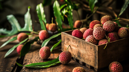 Wall Mural - lychees in a wooden box on a wooden background, nature