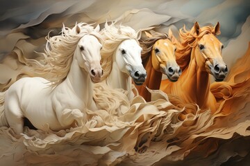 Wall Mural -  a painting of three white horses running through a field of brown and white horses with their hair blowing in the wind, with a black and white horse in the foreground.