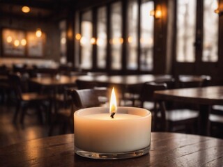 Poster - close up of candle burning on dark wood table in the cafe with a blurred background