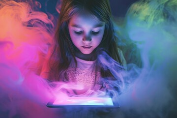 young girl holding a tablet with a colorful flow of air