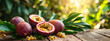 Fresh passion fruit on a wooden background. Tropical fruits