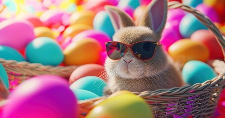 Wall Mural - the vibrancy of Easter with a bunny in sunglasses in a festive basket surrounded by a fiesta of sunny-colored Easter eggs