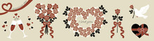 バレンタインデーの薔薇や贈り物のイラストセット(二色版)　Clip Art Set Of Rose And Gift For Valentine's Day (two Color Version)